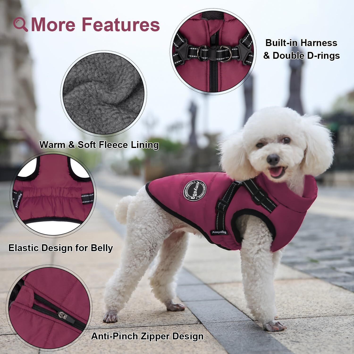 Aimydog Warm Dog Winter Coat, Fashion Sports Dog Cold Weather Jacket With Built-In Harness, Reflective & Adjustable Comfortable Pet Vest, Waterproof Windproof Dog Apparel For Small Dogs (Purple)