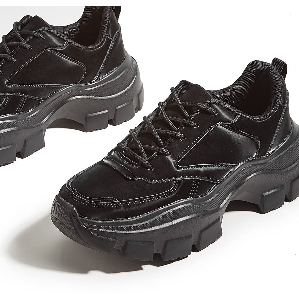 Lucky Step Women Chunky Platform Dad Colorblock White Neon Green Fuchsia Hologram Silver Casual Lace-Up Walking Sneakers(Black,7 B(M) Us)