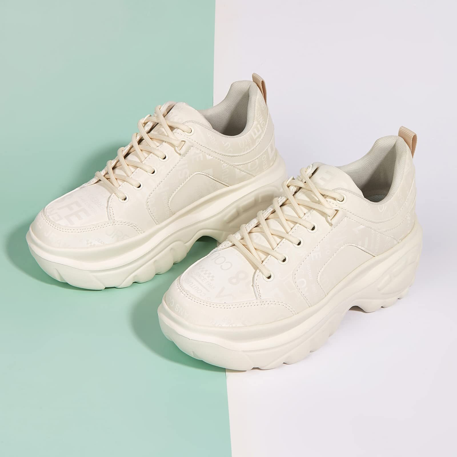 Lucky Step Women Chunky Platform Dad Colorblock White Neon Green Fuchsia Hologram Silver Casual Lace-Up Walking Sneakers(Beige, 8 B(M) Us)