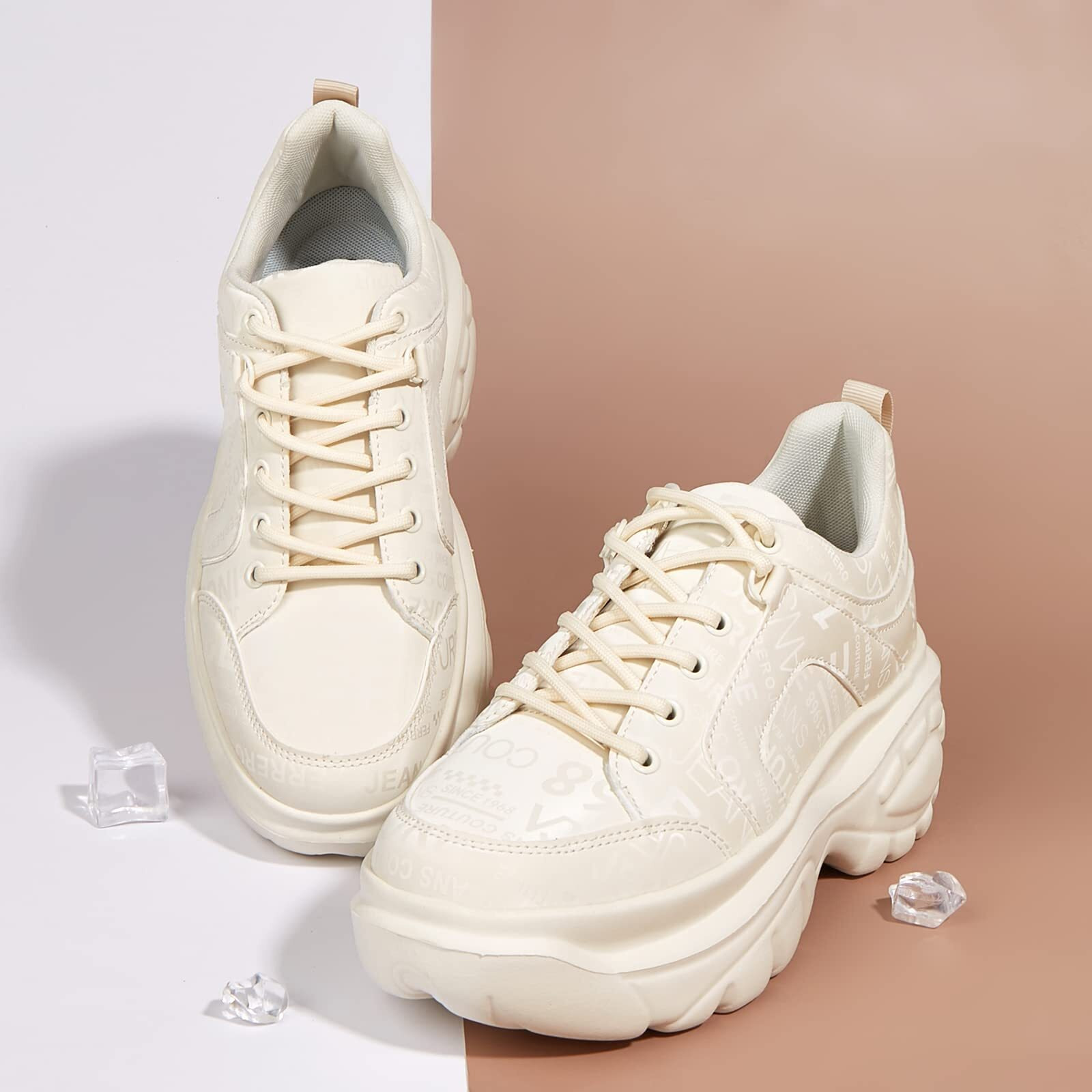 Lucky Step Women Chunky Platform Dad Colorblock White Neon Green Fuchsia Hologram Silver Casual Lace-Up Walking Sneakers(Beige, 8 B(M) Us)