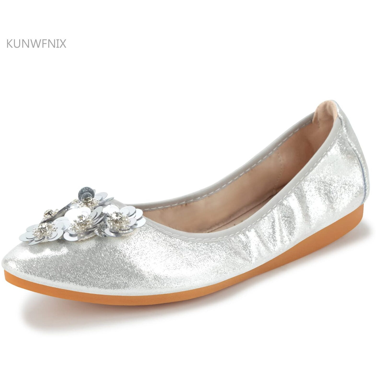 Kunwfnix Women's Ballet Flats Sequins Wedding Ballerina Shoes Foldable Sparkly Comfort Slip On Flat Shoes