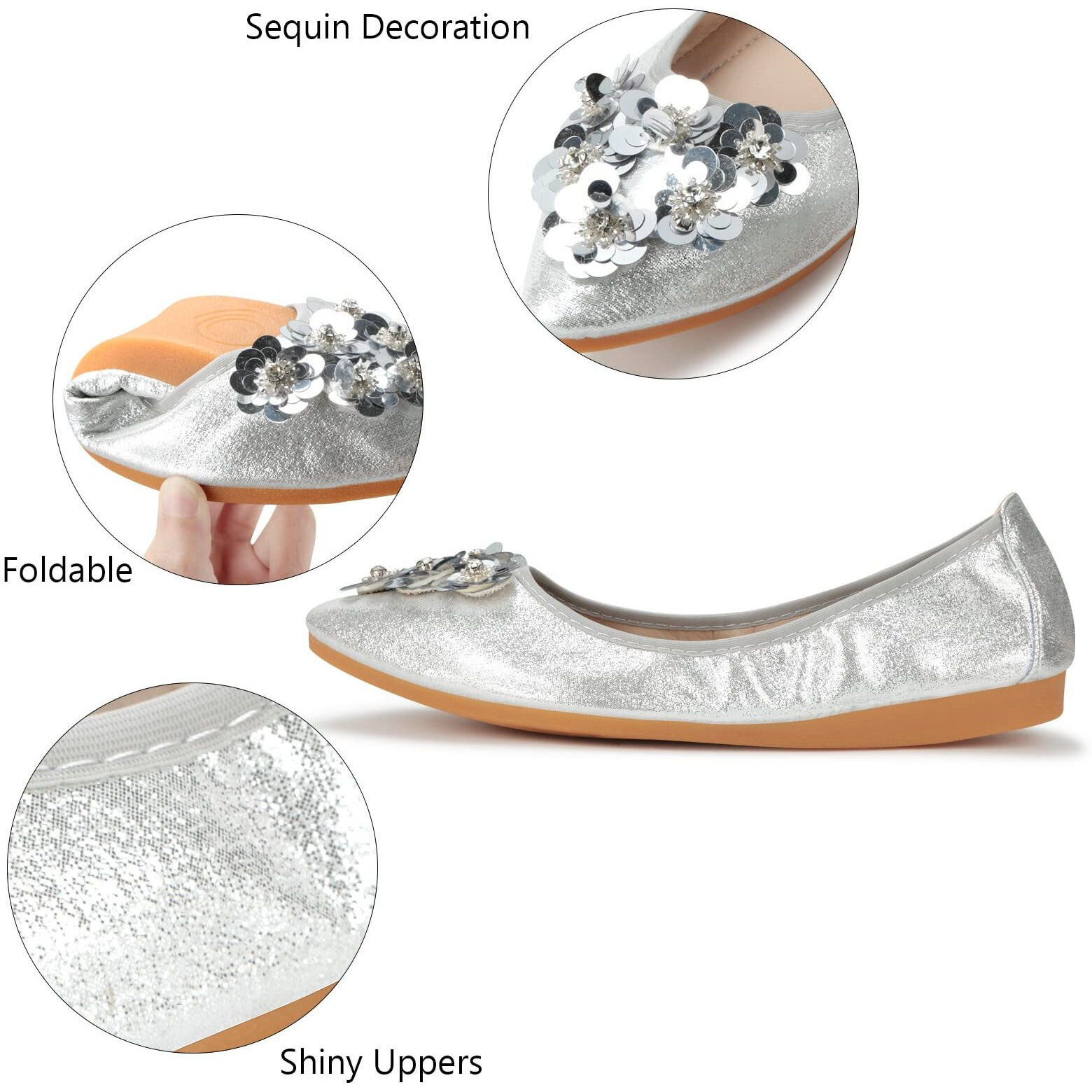 Kunwfnix Women's Ballet Flats Sequins Wedding Ballerina Shoes Foldable Sparkly Comfort Slip On Flat Shoes