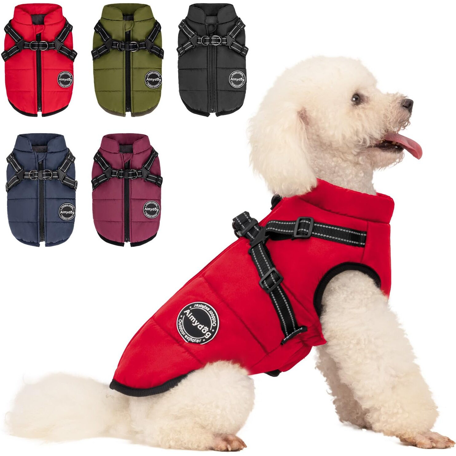 Aimydog Warm Dog Winter Coat, Fashion Sports Dog Cold Weather Jacket With Built-In Harness, Reflective & Adjustable Comfortable Pet Vest, Waterproof Windproof Dog Apparel For Small Dogs (Red)