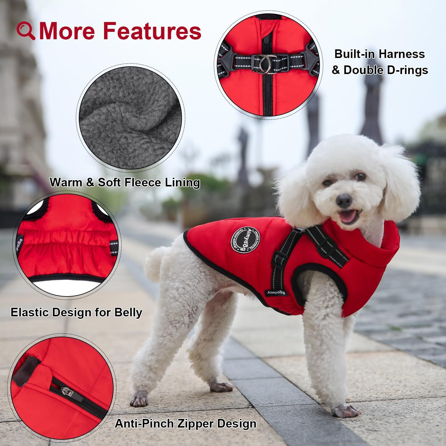 Aimydog Warm Dog Winter Coat, Fashion Sports Dog Cold Weather Jacket With Built-In Harness, Reflective & Adjustable Comfortable Pet Vest, Waterproof Windproof Dog Apparel For Small Dogs (Red)
