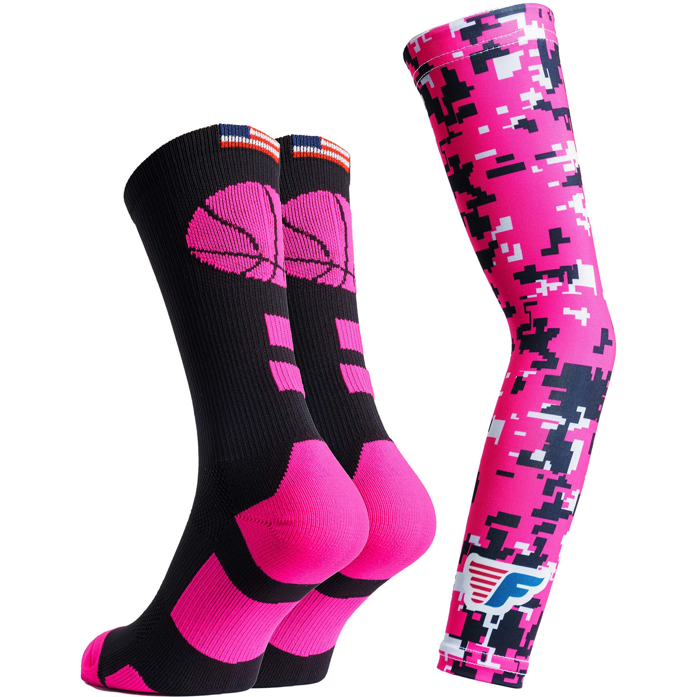Forever Fanatics Youth Boys Basketball Socks Sports Athletic Crew Socks With Basketball Arm Sleeve - Made In Usa (Ball Blackneon Pink, Youth (Us 6-11))