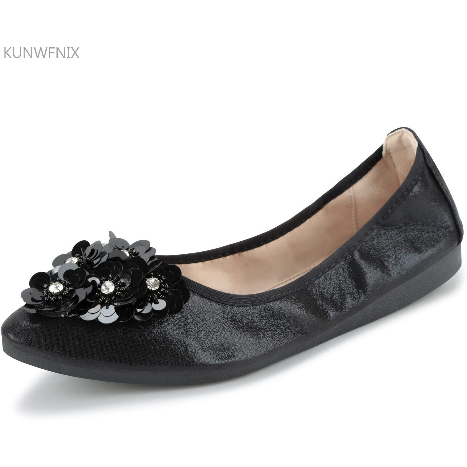 Kunwfnix Women's Ballet Flats Sequins Wedding Ballerina Shoes Foldable Sparkly Comfort Slip On Flat Shoes
