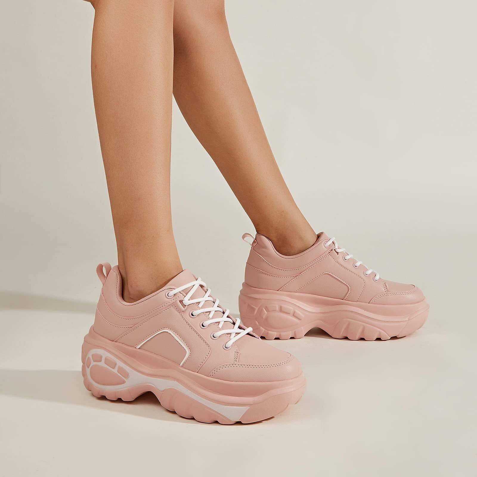 Lucky Step Women Chunky Platform Dad Colorblock White Neon Green Fuchsia Hologram Silver Casual Lace-Up Walking Sneakers(Pink, 7 B(M) Us)