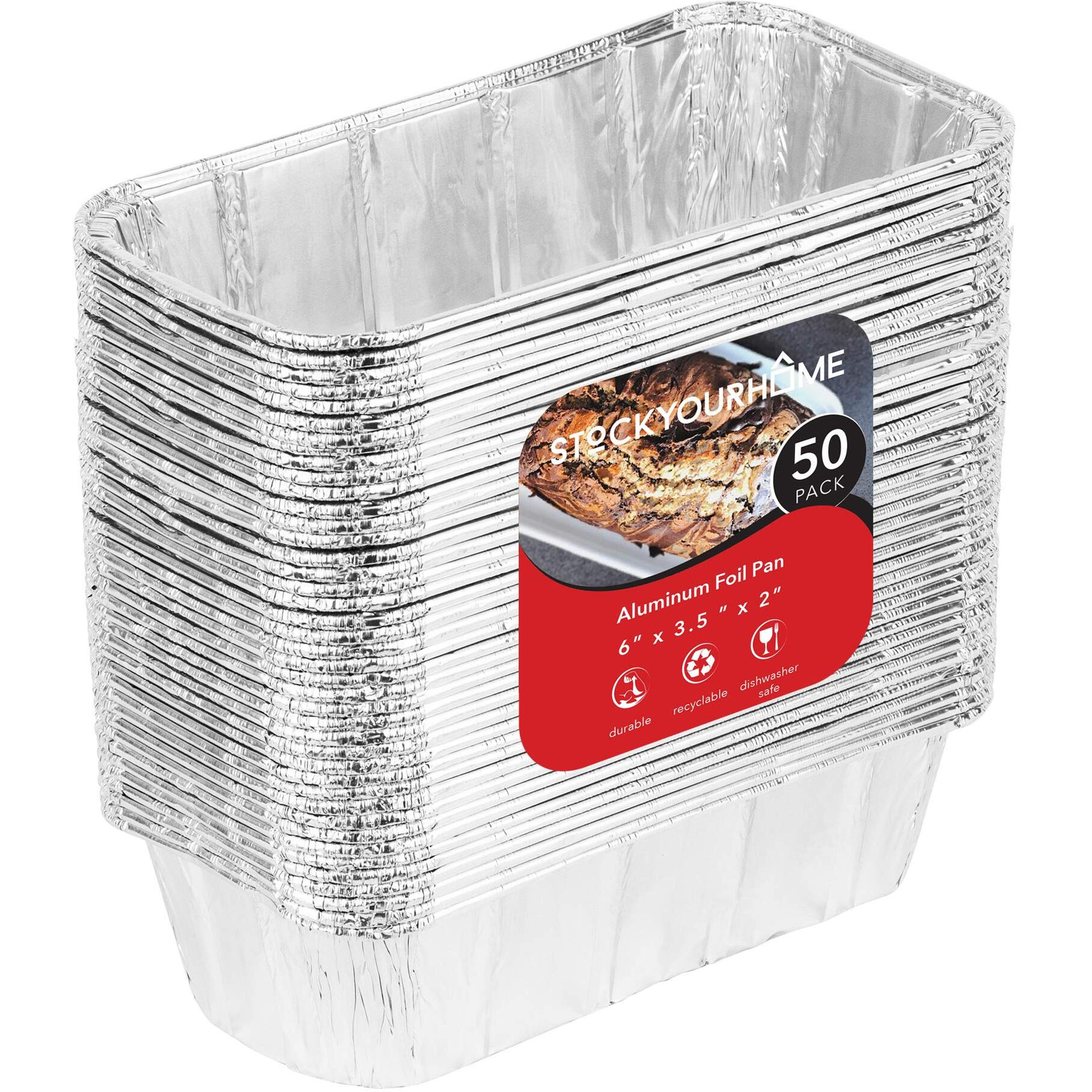 Stock Your Home 1 Lb Aluminum Foil Mini Loaf Pans (50 Pack) Disposable Small Loaf Pan - 1 Pound Baking Tin Liners, Perfect To Bake Cakes, Bread Loaves, And Meat - 6 X 35 X 2