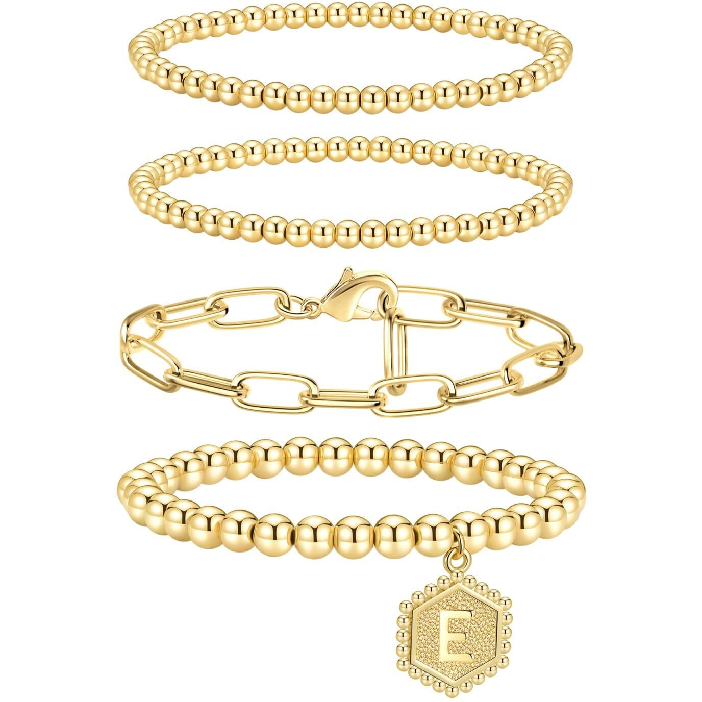 Doubgood Gold Bracelets For Women, Stackable Initial Beaded Bracelet With Letter Pendant E Stretch Trendy Stack Jewelry Set For Mother's Day Valentines Gifts For Her
