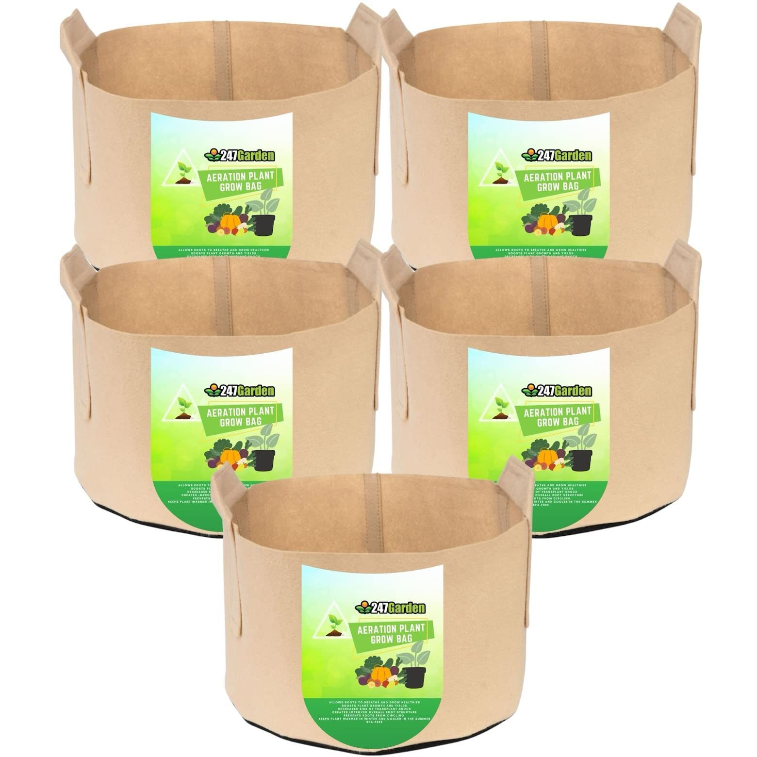 247Garden 5-Pack 1-Gallon Aeration Fabric Potplant Grow Bag Whandles (260 Gsm, Tan Wblack Base, 6H X 7D)