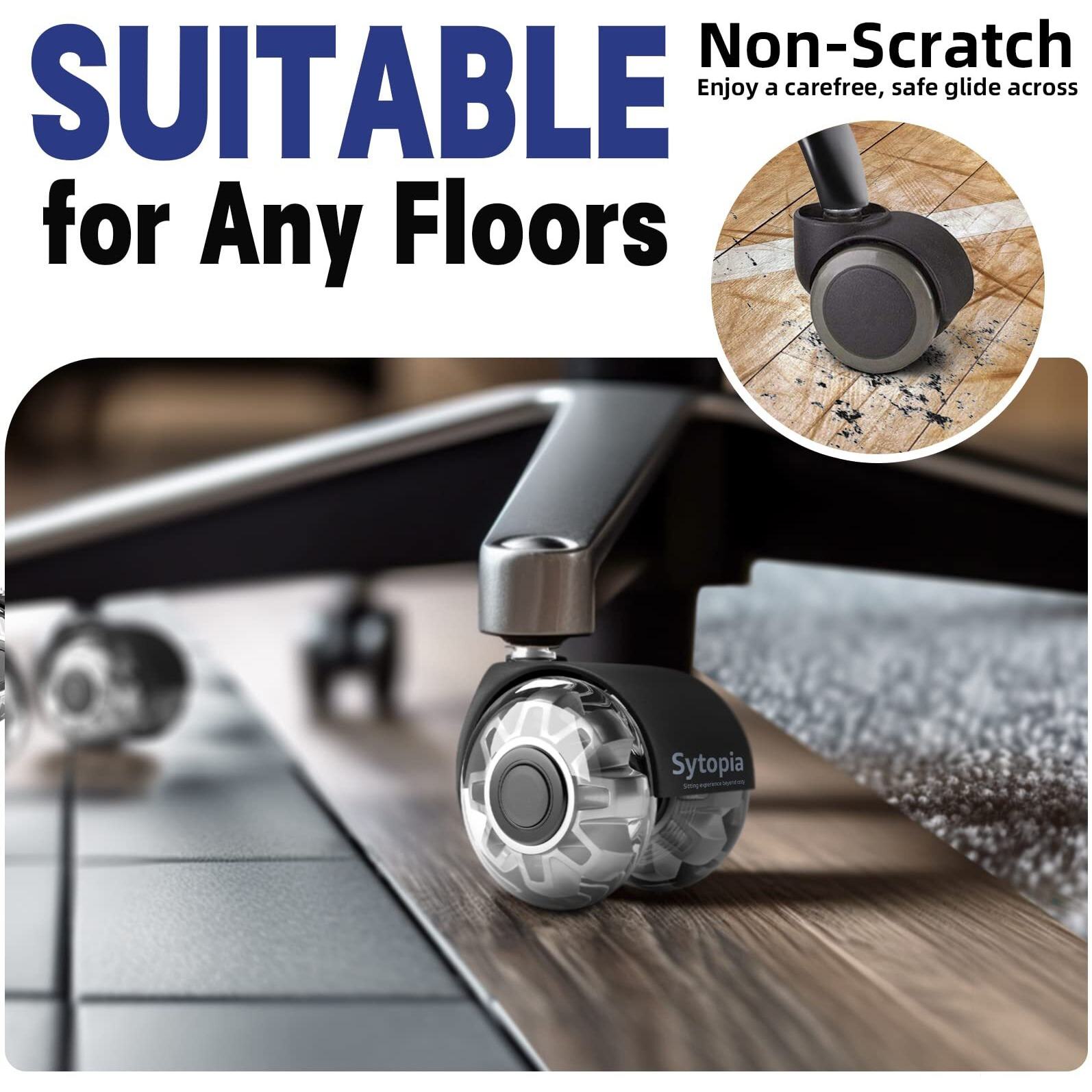 Office Chair Wheels, 2 Inch Rubber Rollers, Heavy Duty, Safe For Hardwood Floors, Carpets, Mats, Universal Size 11X22Mm, Smooth And Quiet, Black, Set Of 5