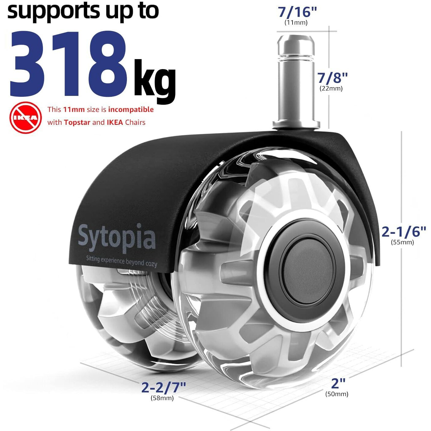 Office Chair Wheels, 2 Inch Rubber Rollers, Heavy Duty, Safe For Hardwood Floors, Carpets, Mats, Universal Size 11X22Mm, Smooth And Quiet, Black, Set Of 5