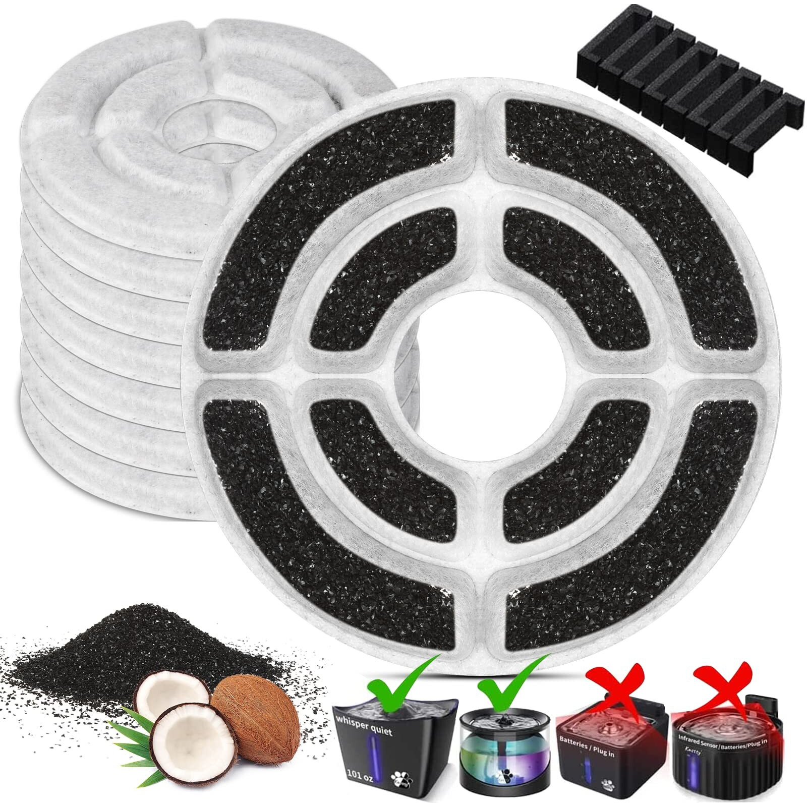 More Activated Carbon8 Pack Replacement Filters For Kastty 3L Cat Water Fountain, Food Grade Water Fountain Filter For Kastty And Other Cat Water Dispensers, Made Of Activated Carbon And Pp Cotton