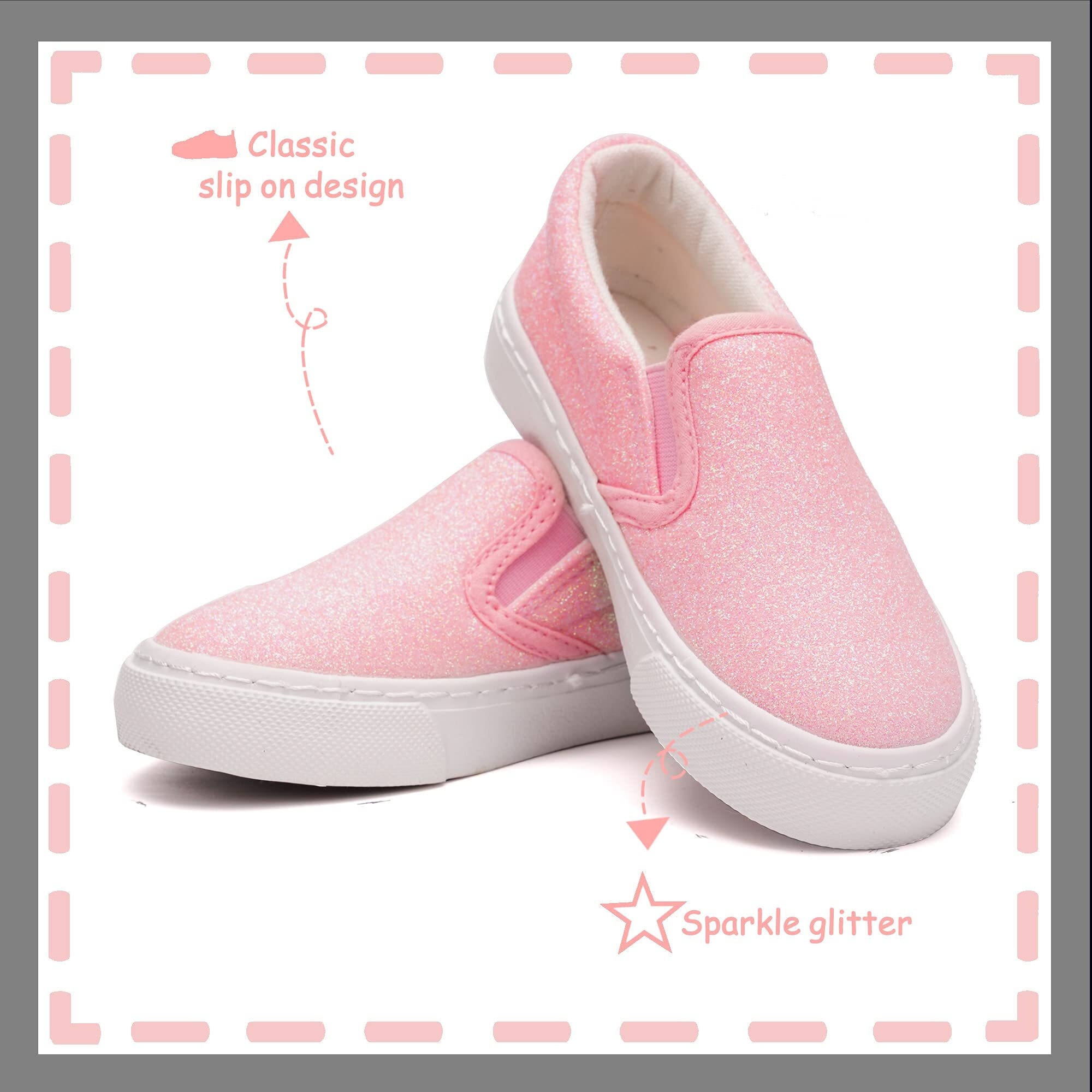 Toandon Toddler Girls Kids Sneakers Canvas Shoes Loafers Glitter Low Top Slip On Glimmer Sparkle Non-Slip Rubber Sole Lightweight Breathable Outdoor Fashion Casual Tennis Shoes Pink Size 10