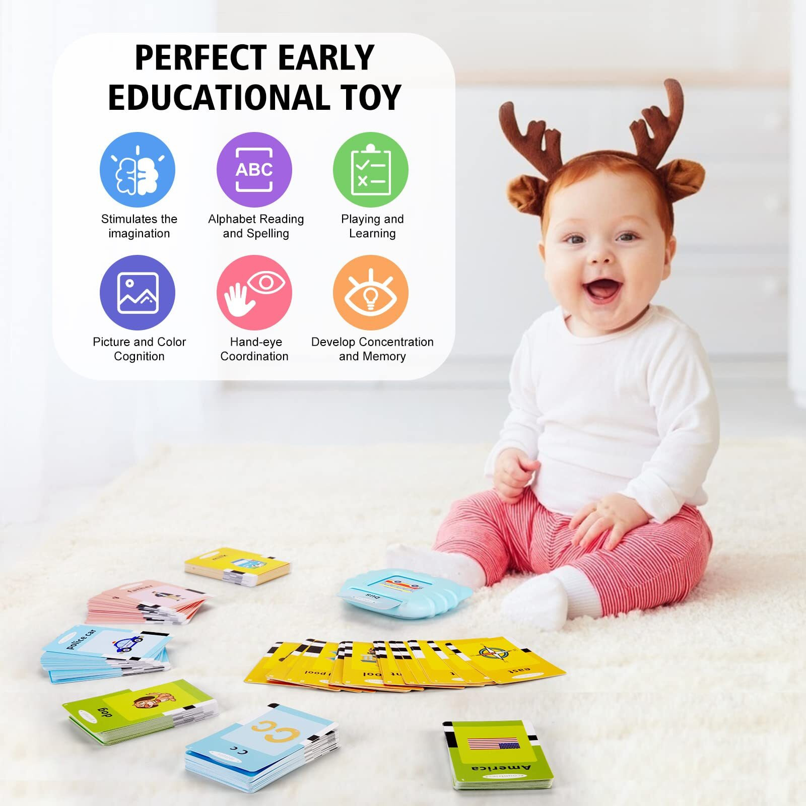 Ednzion Talking Flash Cards With 384 Sight Words (Including Letters And Numbers), Montessori Educational Learning Interactive Toddler Toys, Speech Therapy And Autism Sensory Toys, Blue