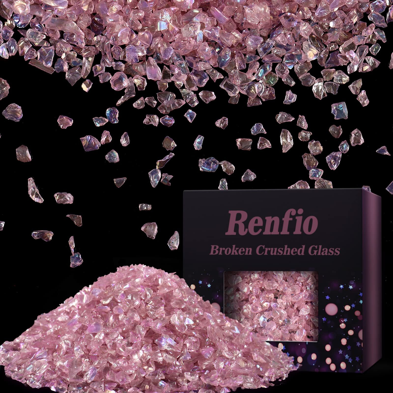 Renfio Iridescent Translucent Broken Crushed Glass Glitter Shards Crush 2-4Mm Irregular Small Metallic Chunky Chips 3.5Oz 100G High Luster Craft Sequins Gravel For Geode Coaster Ornament - Pink