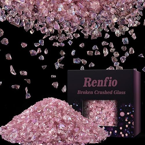 Renfio Iridescent Translucent Broken Crushed Glass Glitter Shards Crush 2-4Mm Irregular Small Metallic Chunky Chips 3.5Oz 100G High Luster Craft Sequins Gravel For Geode Coaster Ornament - Pink