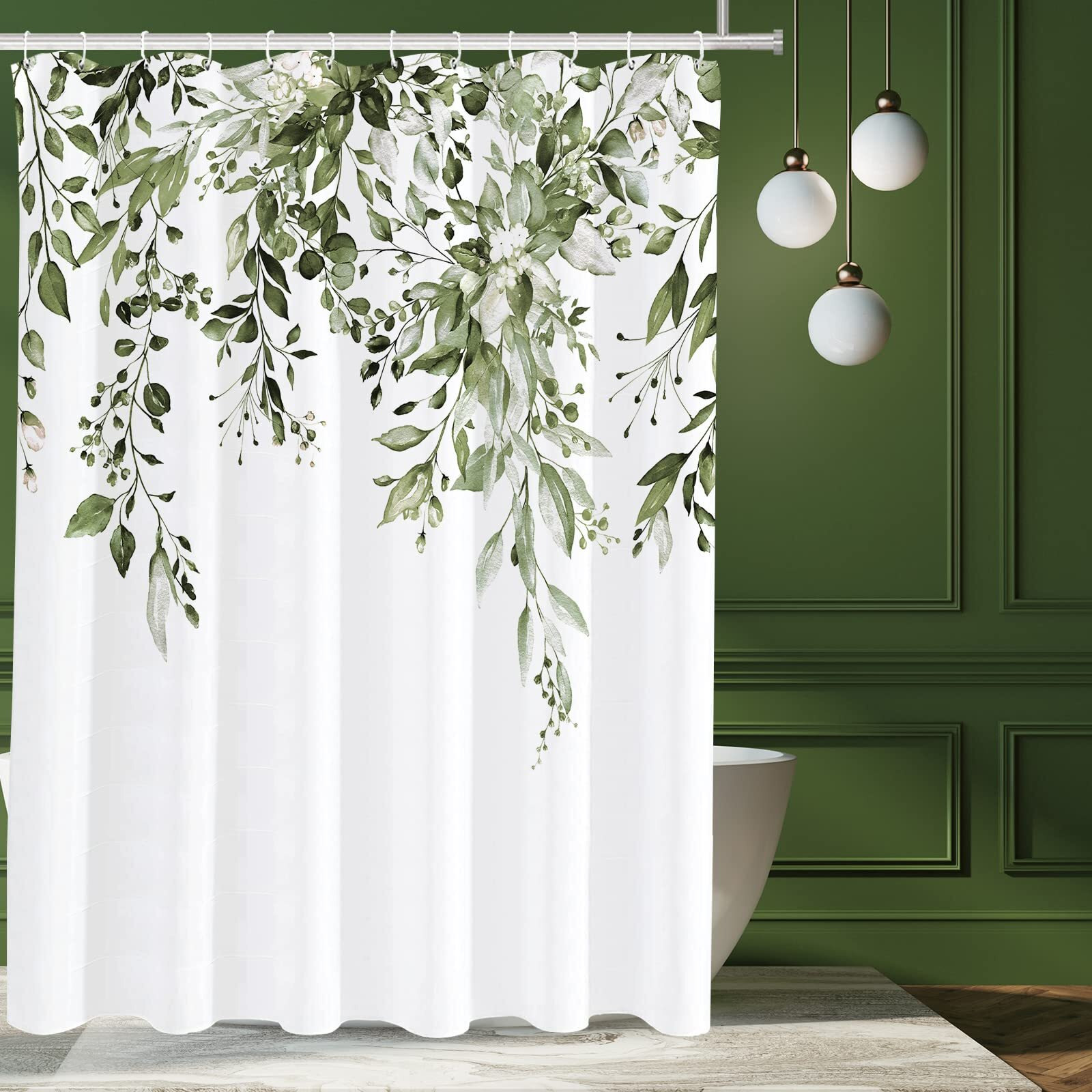 Tititex Olive Green Eucalyptus Shower Curtain Sets, Watercolor Leaves On The Top Plant With Floral Bathroom Decoration 72X72 Inch With Hooks