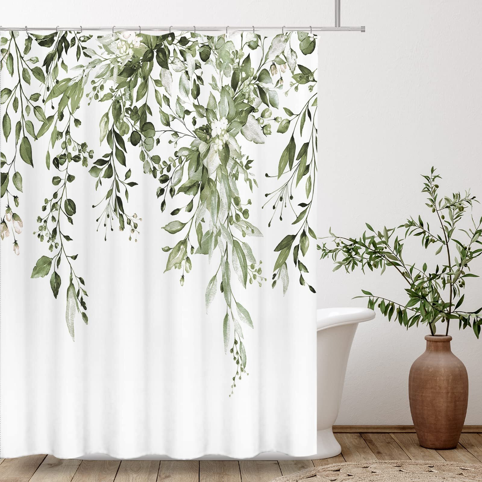 Tititex Olive Green Eucalyptus Shower Curtain Sets, Watercolor Leaves On The Top Plant With Floral Bathroom Decoration 72X72 Inch With Hooks