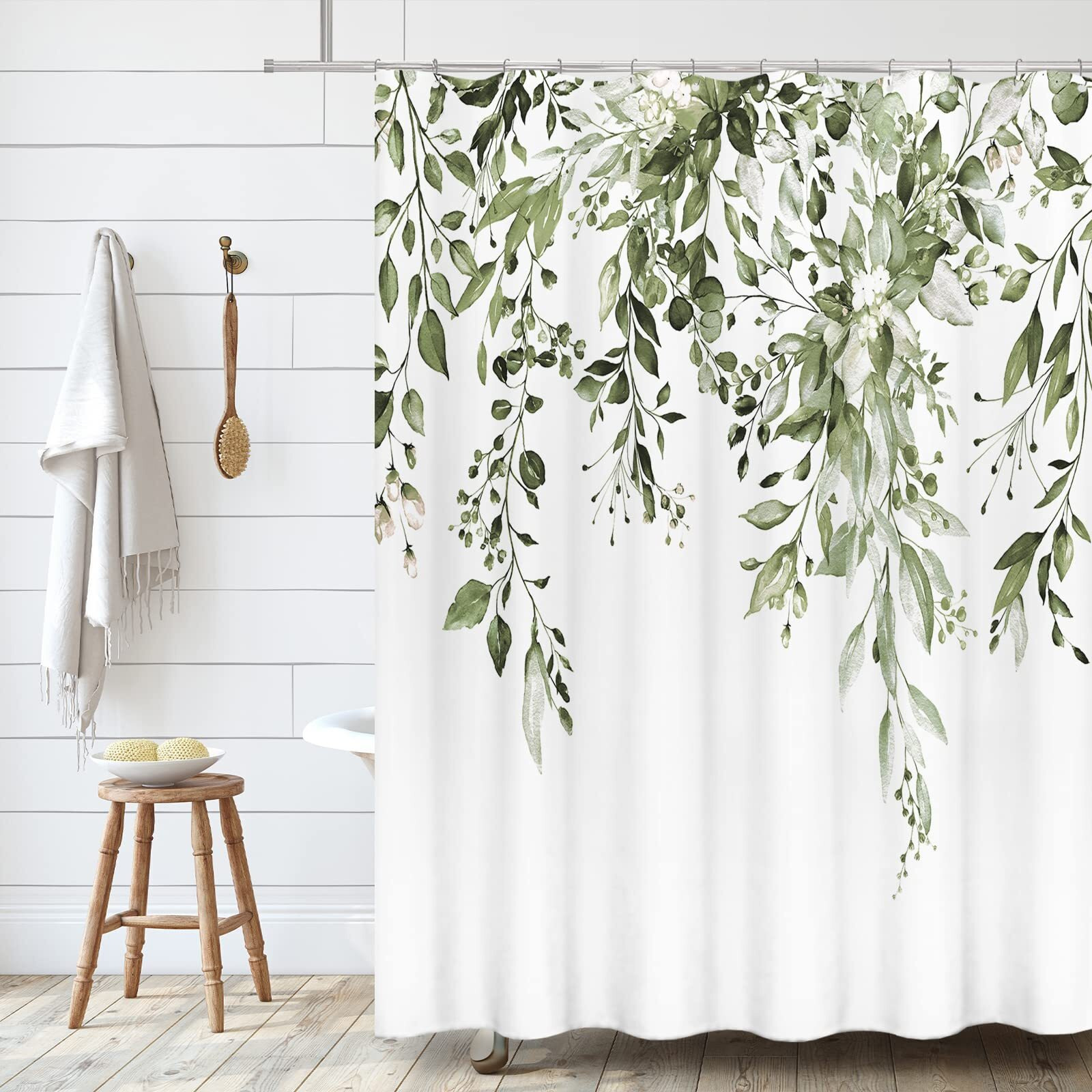 Tititex Olive Green Eucalyptus Shower Curtain Sets, Watercolor Leaves On The Top Plant With Floral Bathroom Decoration 72X72 Inch With Hooks