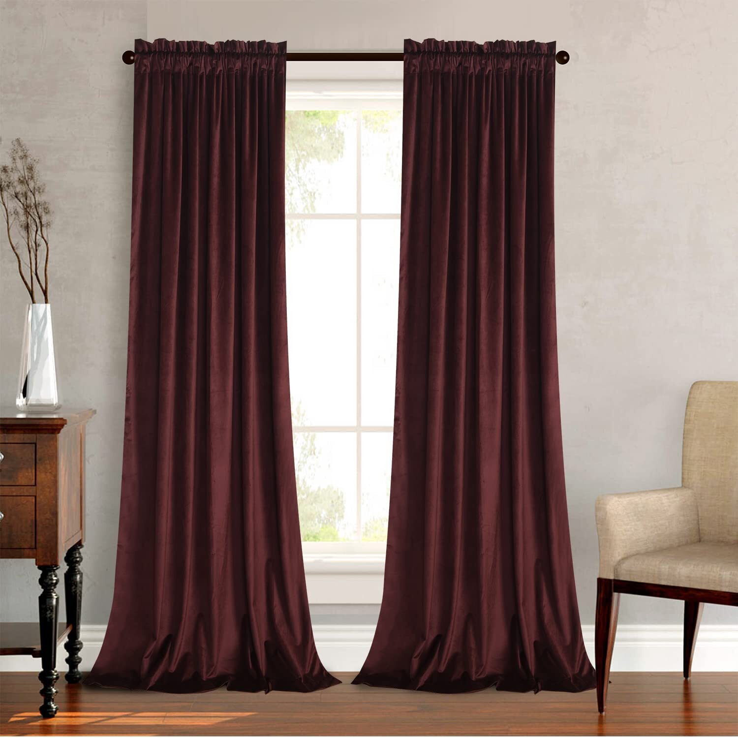 Roslynwood Ruby Wine Velvet Curtains 108 Inch For Living Room - Blackout Thermal Insulated Curtains Heat & Chill Insulated Energy Efficient Panels For French Door, 52 X 108 Inches, 2 Panels