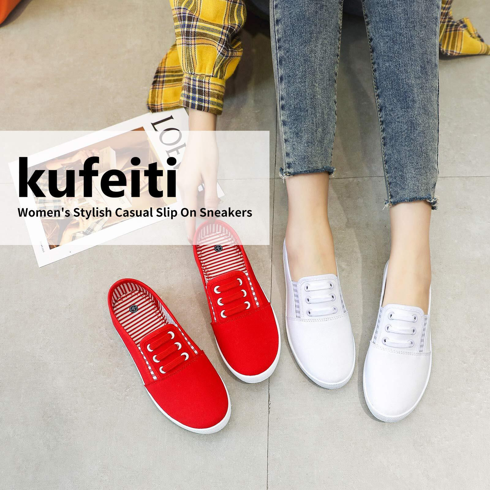 Kufeiti Women's Canvas Slip On Shoes Sneakers For Women Fashion Comfortable White Black Elastic Sneakers For Women (8, White, Numeric_8)