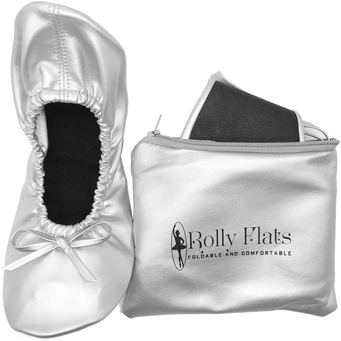 Women's Portable Foldable Ballet Flats Shoes Roll Up Slippers For Travel (M, Silver)