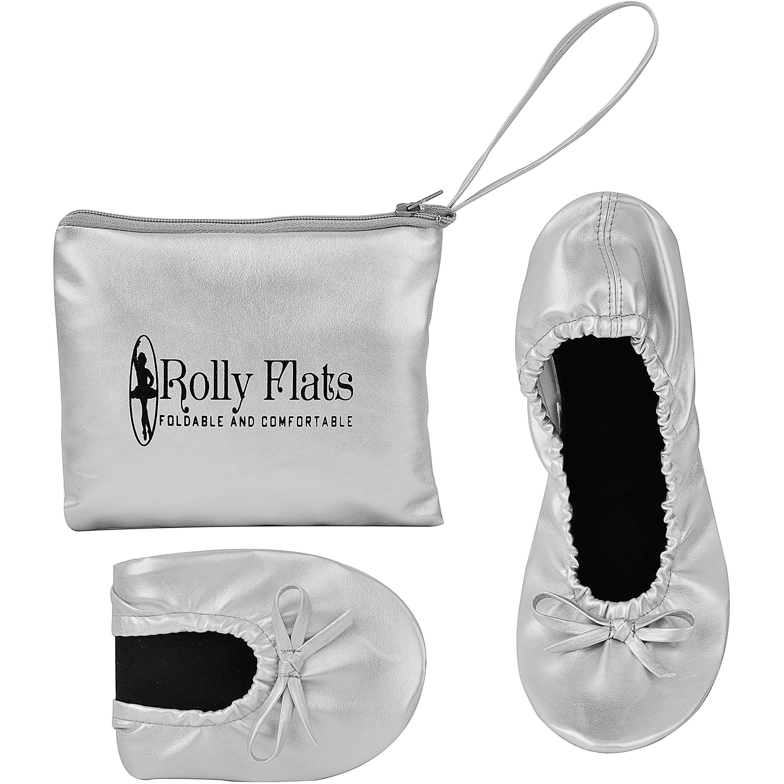 Women's Portable Foldable Ballet Flats Shoes Roll Up Slippers For Travel (M, Silver)
