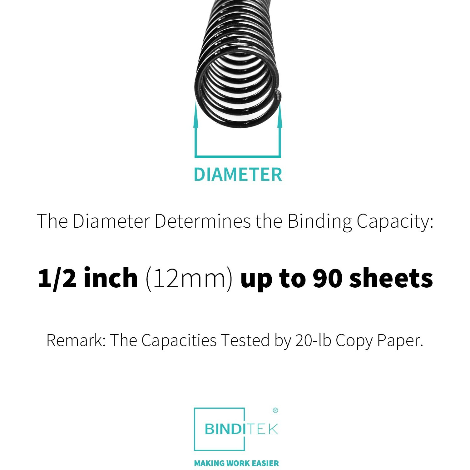 Binditek 50 Pack Plastic Spiral Binding Coils, 12Mm(1/2"), 90 Sheet Capacity, 41 Pitch, Black, 48Loops, For Letter Size, For Students And Coworkers