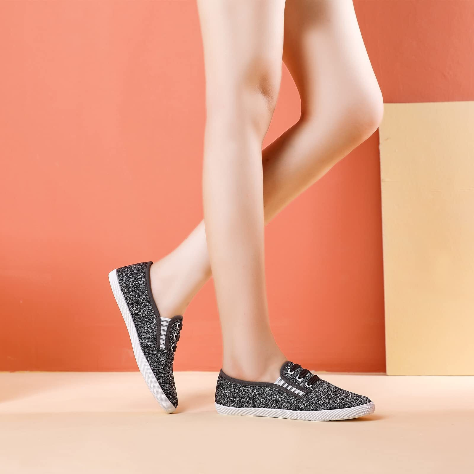 Kufeiti Women's Canvas Slip On Shoes Sneakers For Women Fashion Comfortable White Black Elastic Sneakers For Women (6, Deep Hemp Grey, Numeric_6)