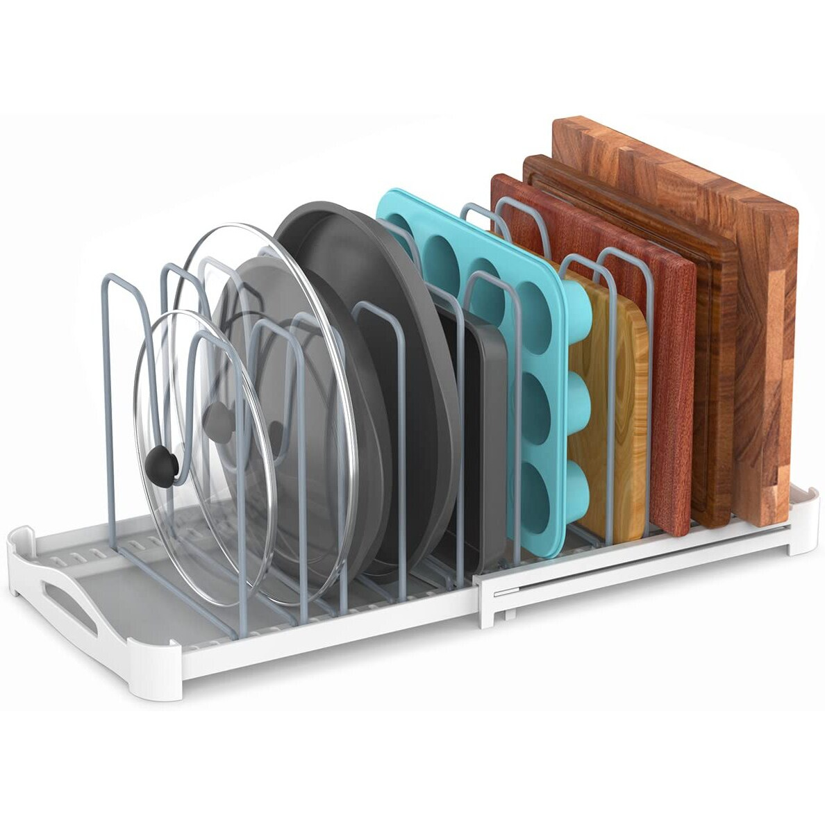 Everie Adjustable Bakeware Organizer Pot Lid Holder Rack For Pots, Cake Molds, Cutting Boards, Mats, Cookware, Gs02Ss, 7.7'' Deep By 12.6'' To 21.5'' Wide