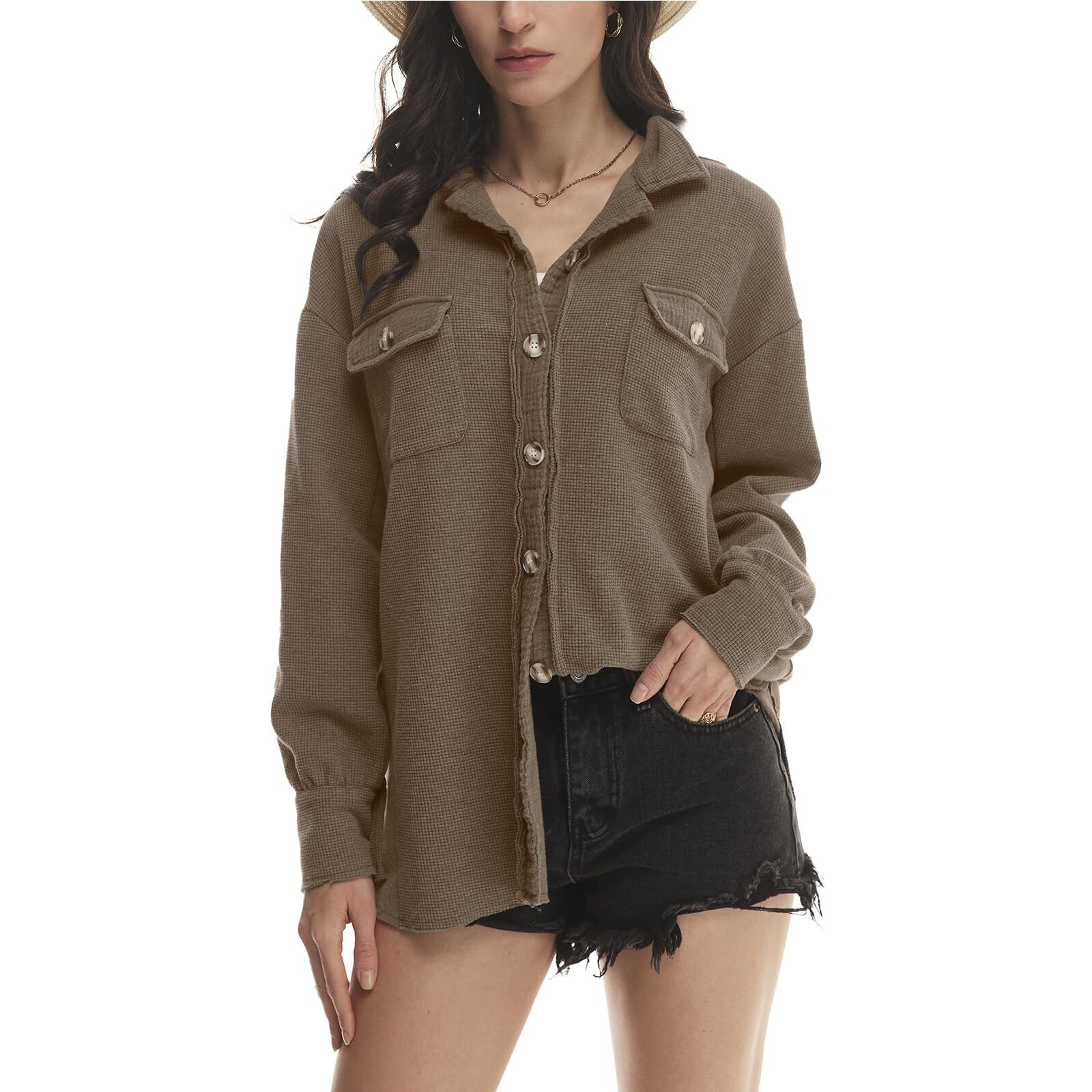 Yanekop Womens Waffle Knit Shacket Fall Jackets Oversized Shirt Jacket Fall Outfits Button Down Shirts 2024 Clothes(A Coffee,L)