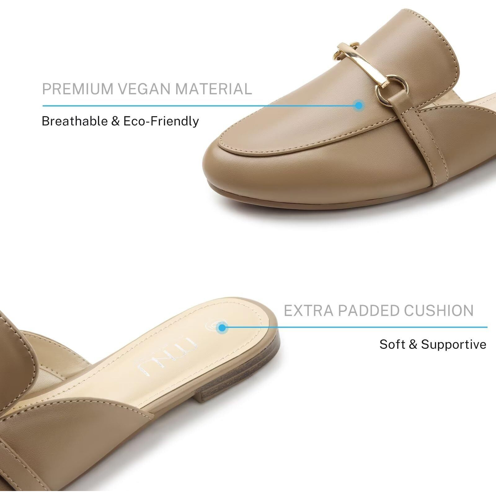 Musshoe Mules For Women Flats Comfortable Slip On Women Mules Backless Loafers,Dark Beige Pu 9