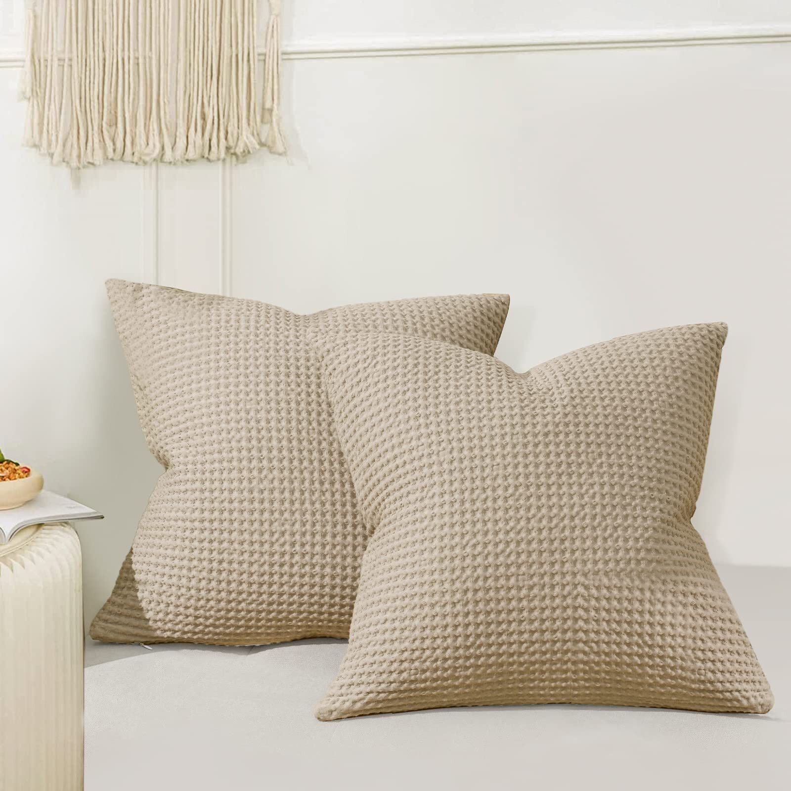 Phf 100 Cotton Waffle Weave Euro Shams Pillow Covers 26 X 26, No Insert, 2 Pack Elegant Home Decorative Euro Throw Pillow Covers For Bed Couch Sofa, Khaki