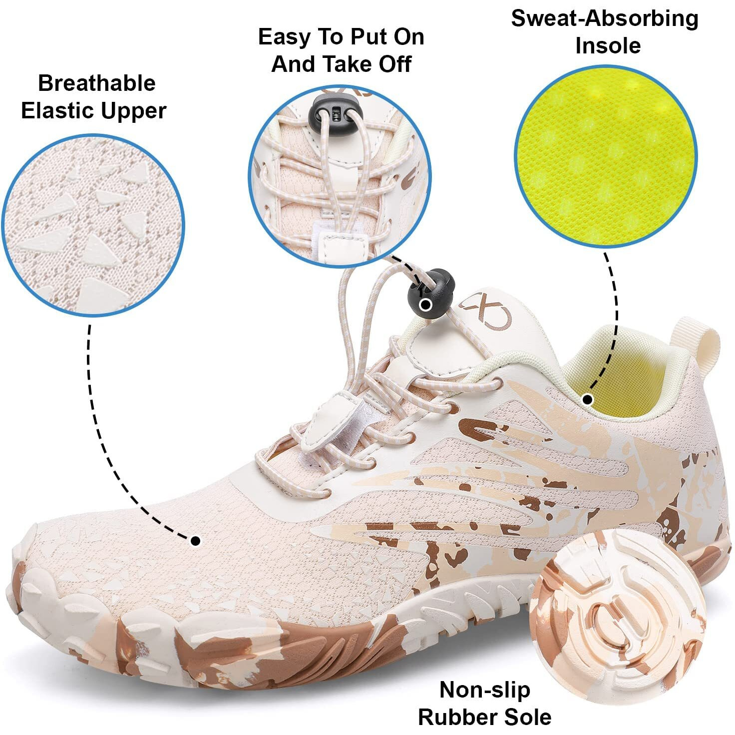 Xihalook Womens Barefoot Athletic Aqua Water Sports Hiking Shoes With Wide Toe Trail Running Shoes Beige Brown, 10 Women/8.5 Men