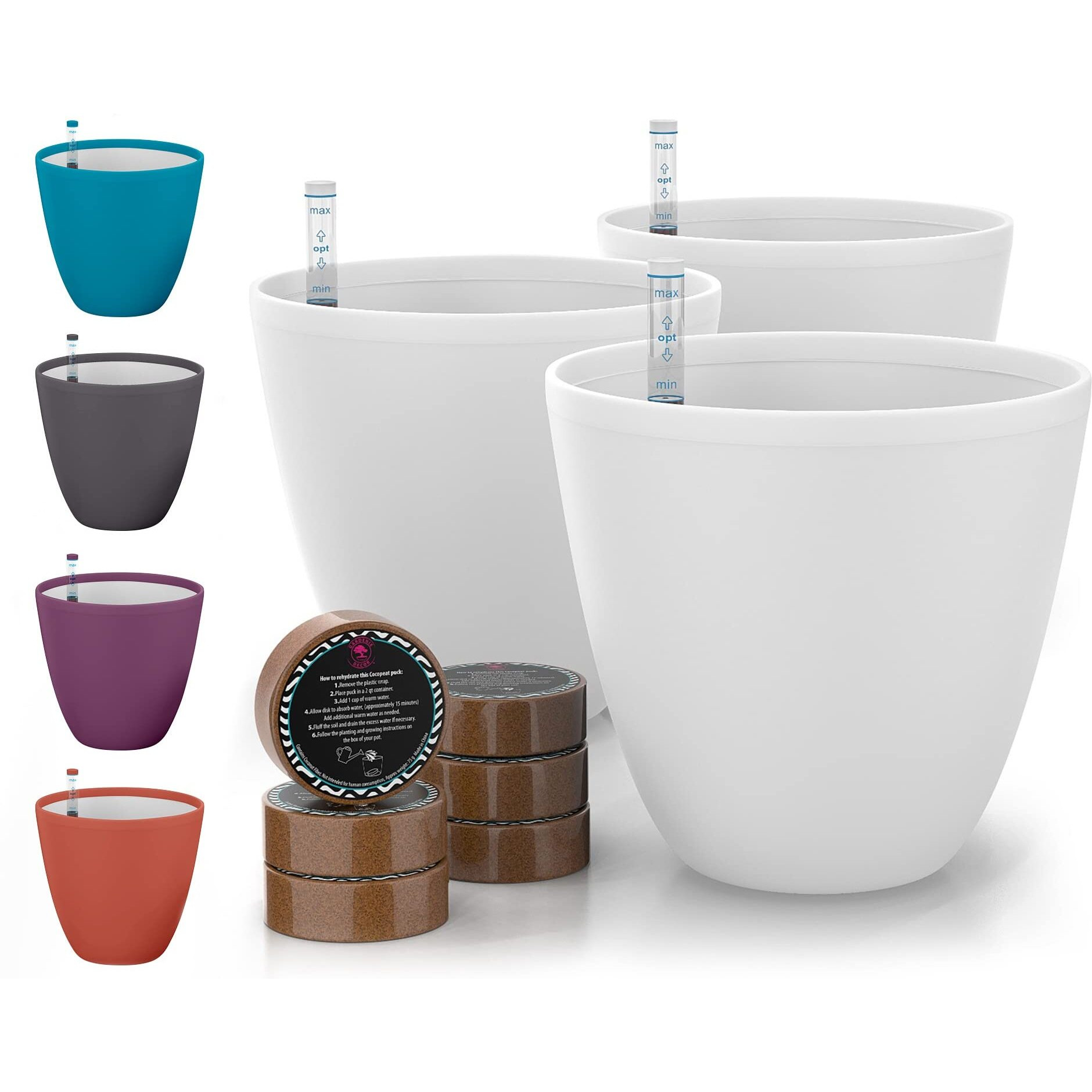 Gardenix Decor 7 Self Watering Planters For Indoor Plants - Flower Pot With Water Level Indicator For Plants, Grow Tracking Tool - Self Watering Planter Plant Pot - Coco Coir - White 3 Pack