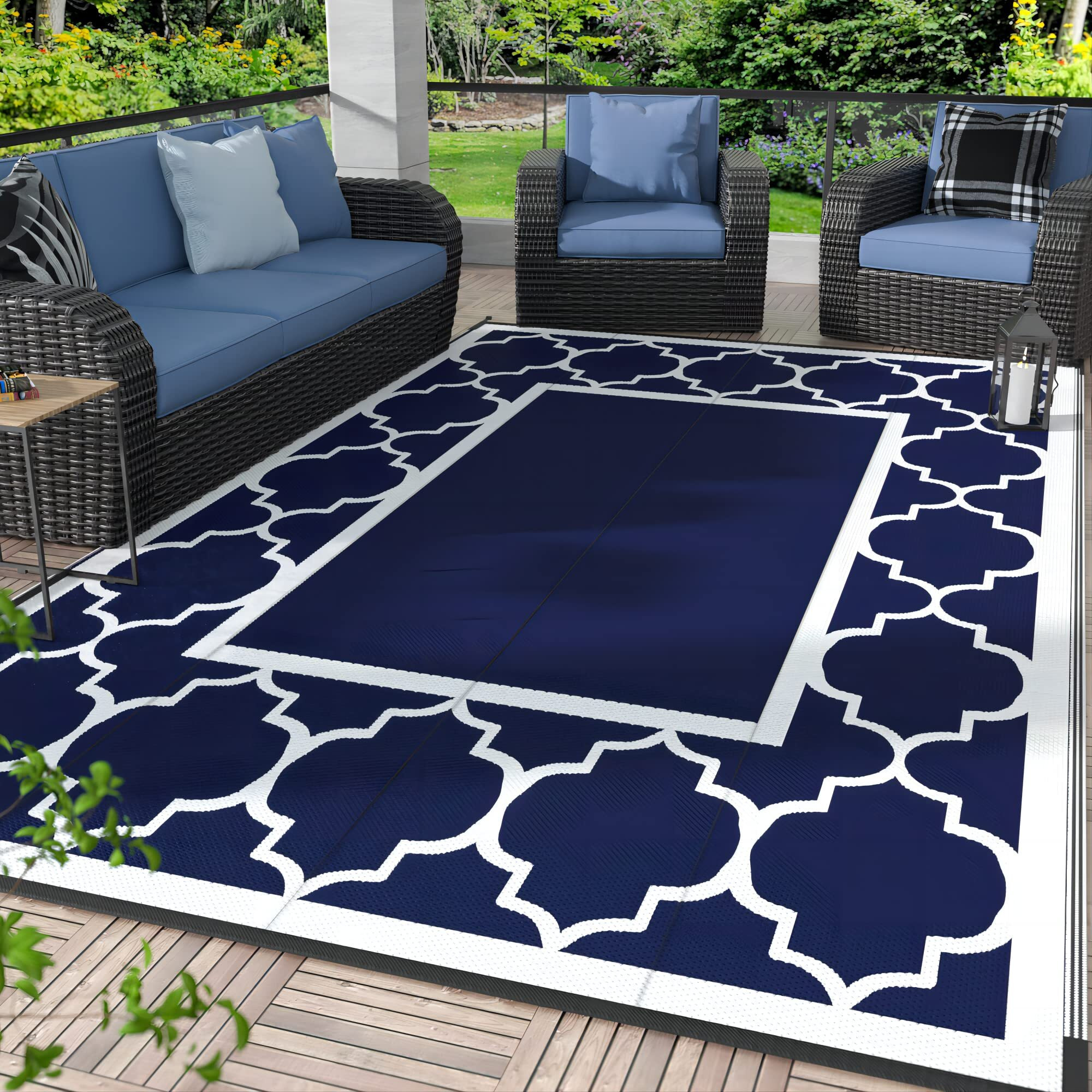 Genimo Outdoor Rug 8' X 10' Patio Waterproof, Foldable Reversible Plastic Straw Area Rugs Mat For Camper Decor, Outside Carpet For Rv, Deck, Porch, Picnic, Beach, Balcony, Blue & White