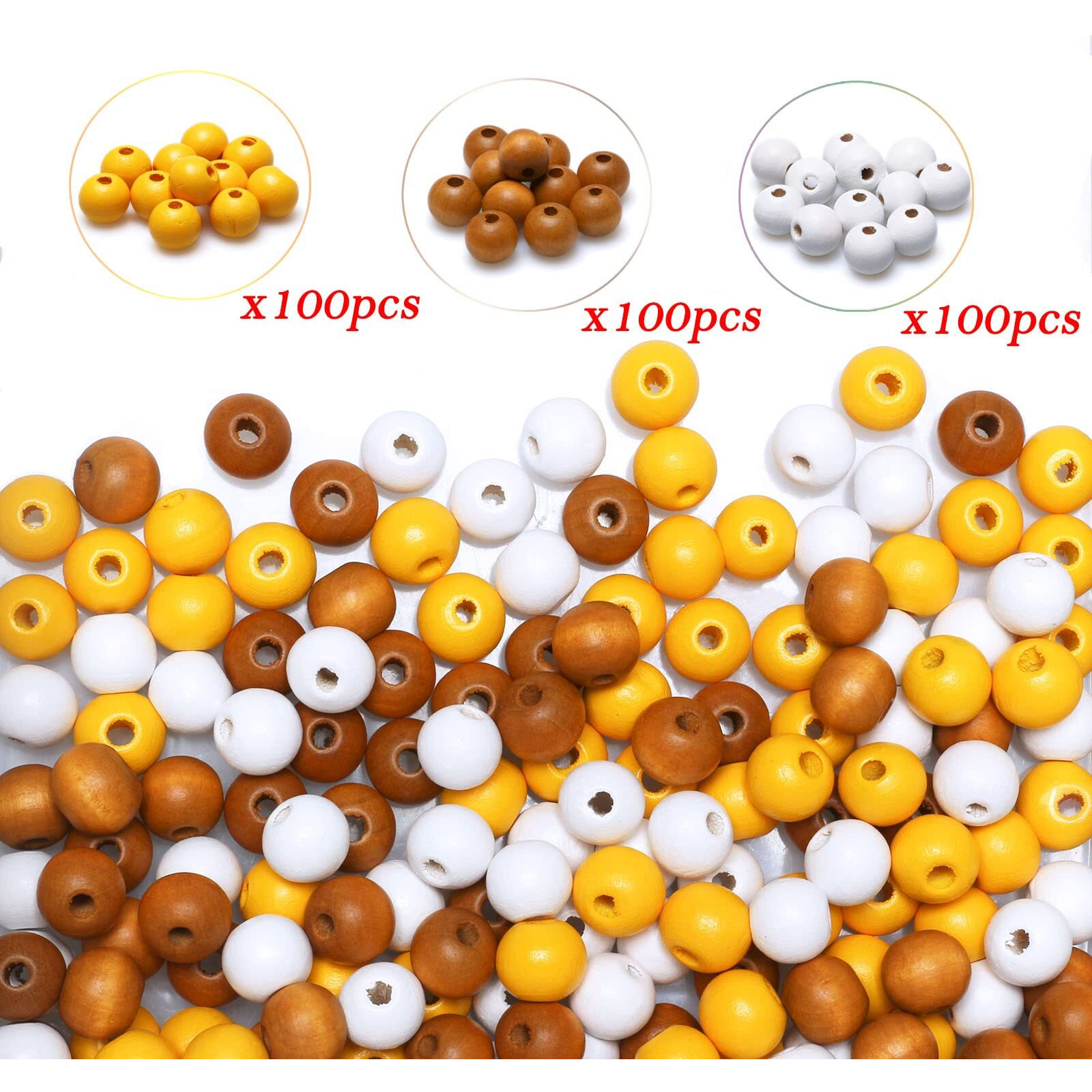 300 Pieces 10Mm Wood Beads In Turmeric, White, Light Coffee Mixed Colors, Round Wood Loose Beads With 3Mm Hole For Craft/Jewelry Making And Beading Crafts, 100Pcs For Each Color