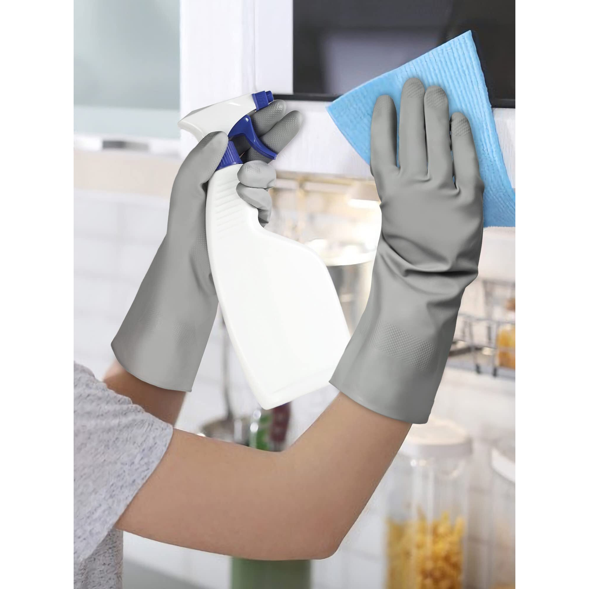 Cleanbear Cleaning Gloves Latex Free Rubber Gloves Reusable Lightweight And Durable Set Of 3 With 2 Pairs Of Gray Gloves And 1 Pair Of White (12 Inches)