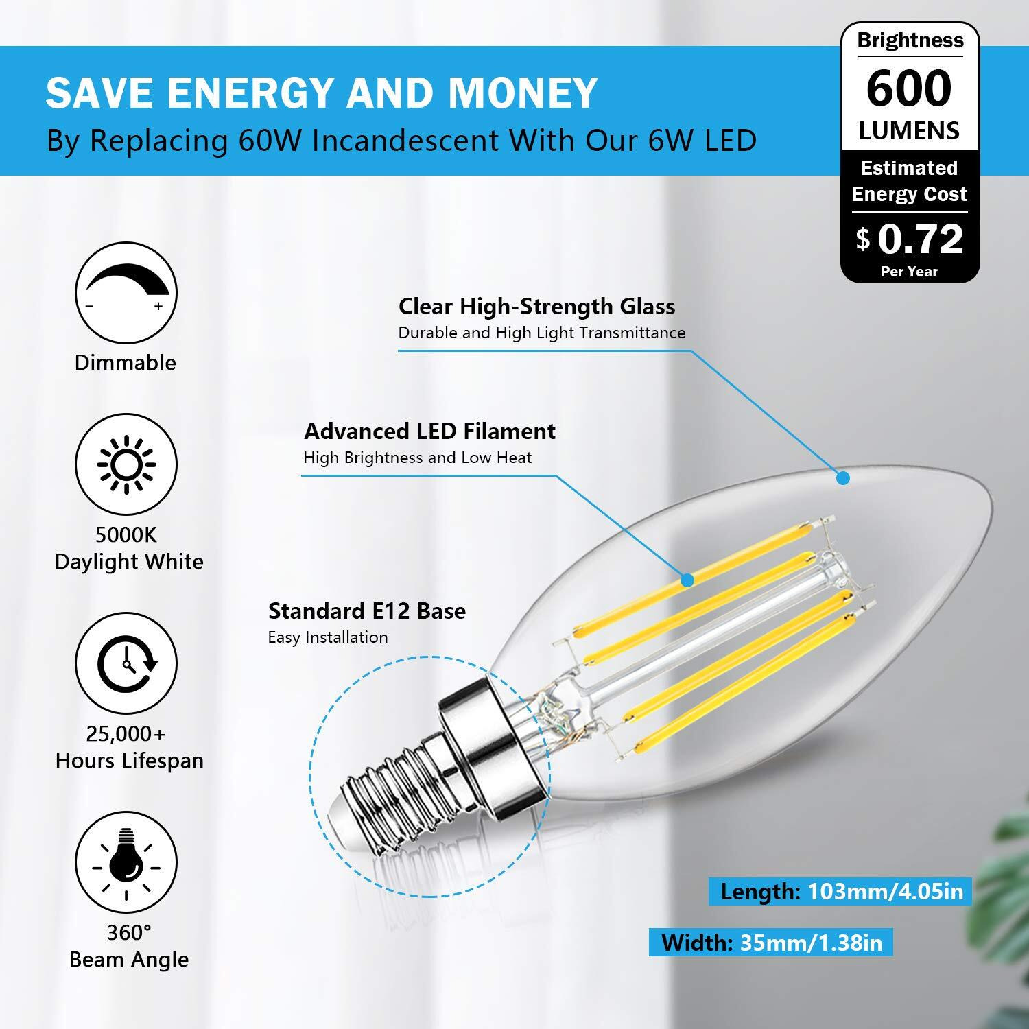 12-Pack Dimmable E12 Led Candelabra Bulbs 60W Equivalent, 5000K Daylight White, 600 Lumens B11 Candle Base 6W C35 Led Filament Vintage Light Bulbs, Clear Glass For Chandelier Ceiling Fan High Cri 90+