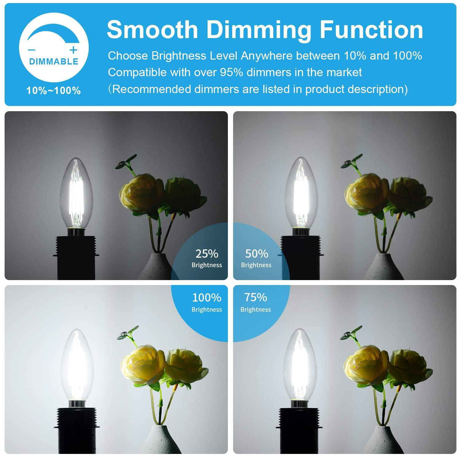 12-Pack Dimmable E12 Led Candelabra Bulbs 60W Equivalent, 5000K Daylight White, 600 Lumens B11 Candle Base 6W C35 Led Filament Vintage Light Bulbs, Clear Glass For Chandelier Ceiling Fan High Cri 90+