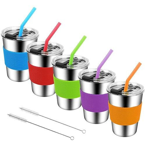 Vermida Kids Cups With Straws And Lids, 5 Pack 12Oz Spill Proof Toddlers Straws Tumbler With Lids, Stainless Steel Sippy Cups With Lids For School, Outdoor