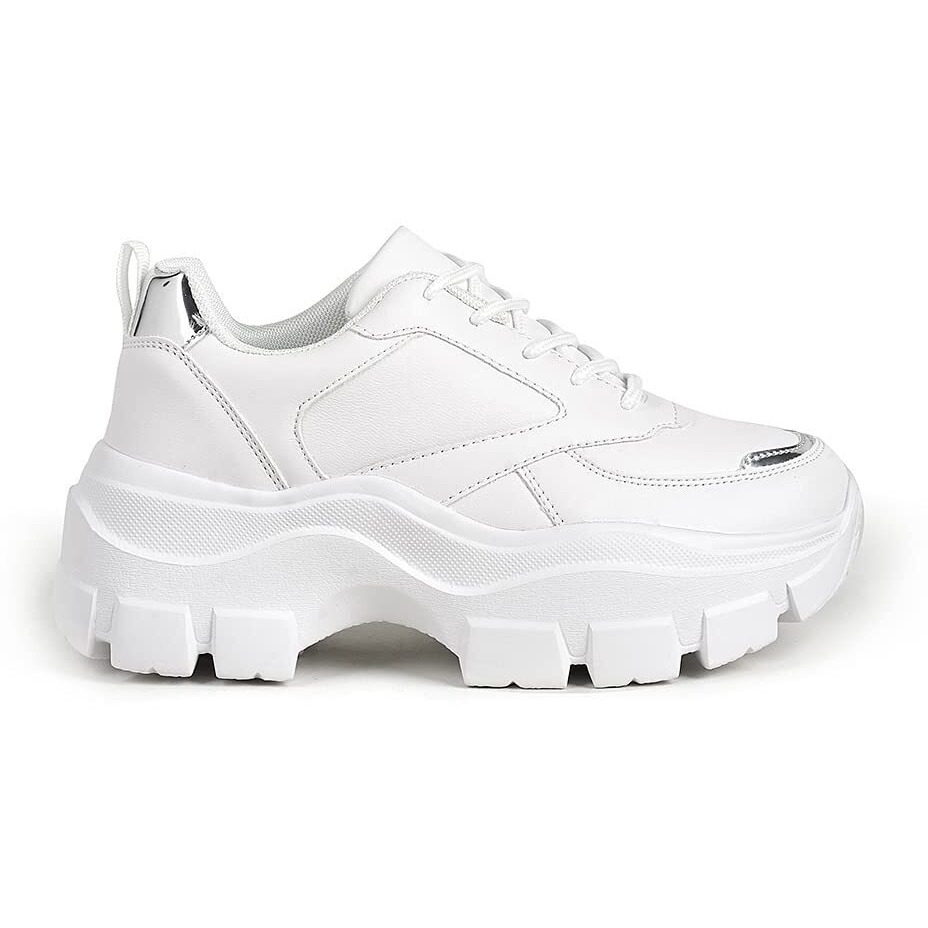 Lucky Step Women 90S Chunky Platform Reflective Sneakers - White Hologram Casual Lace-Up Walking Dad Sneakers(White - Silver,9 B(M) Us)