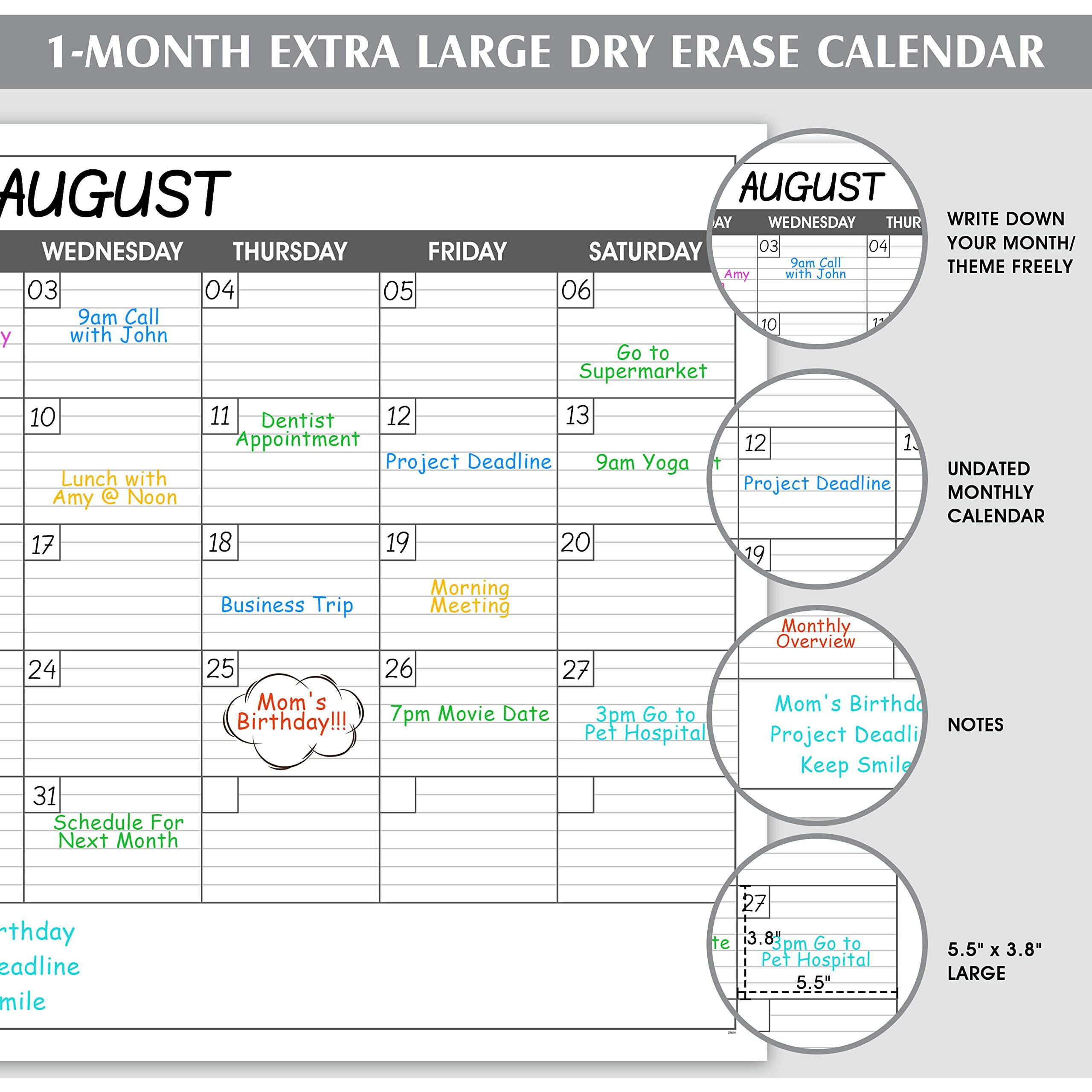 Large Dry Erase Calendar For Wall - Undated 1 Month Wall Calendar, 40" X 30", Erasable & Reusable Laminated Calendar With 8 Round Stickers, Great Layout Wall Calendar Dry Erase For Home, Office And School
