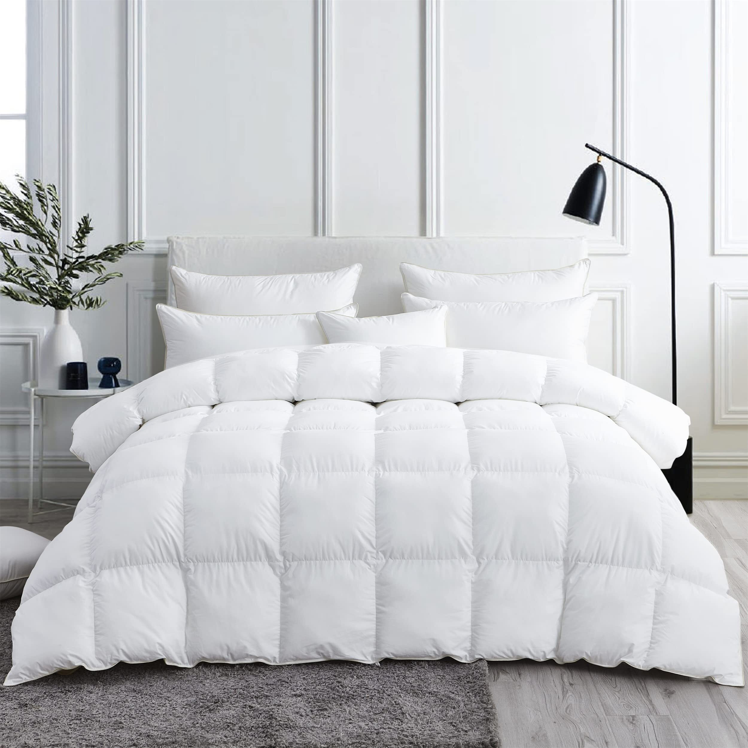Luxurious White Solid Medium Weight, Twin Size Goose Feathers Down Comforter For All-Season Weather Duvet Insert, Premium Baffle Box, 100% Egyptian Cotton Cover, 55 Oz. Fill Weight