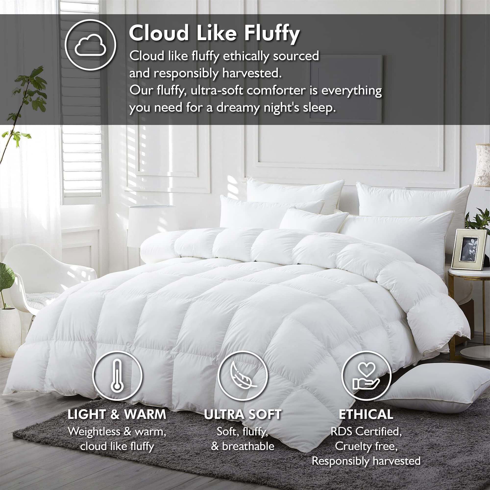 Luxurious White Solid Medium Weight, Twin Size Goose Feathers Down Comforter For All-Season Weather Duvet Insert, Premium Baffle Box, 100% Egyptian Cotton Cover, 55 Oz. Fill Weight