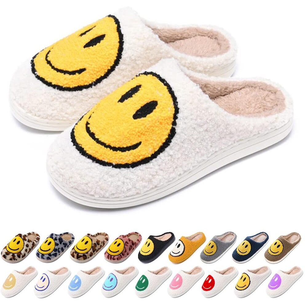 Aiminuo Women's Men's Retro Preppy Happy Face Slippers Comfy Warm Plush Slip-On House Slipper For Winter Indoor Soft Cushion Non-Slip Fluffy Slides Slippers White-Yellow 9.5-10.5 Women/9-10 Men