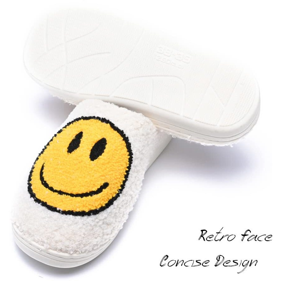 Aiminuo Women's Men's Retro Preppy Happy Face Slippers Comfy Warm Plush Slip-On House Slipper For Winter Indoor Soft Cushion Non-Slip Fluffy Slides Slippers White-Yellow 9.5-10.5 Women/9-10 Men