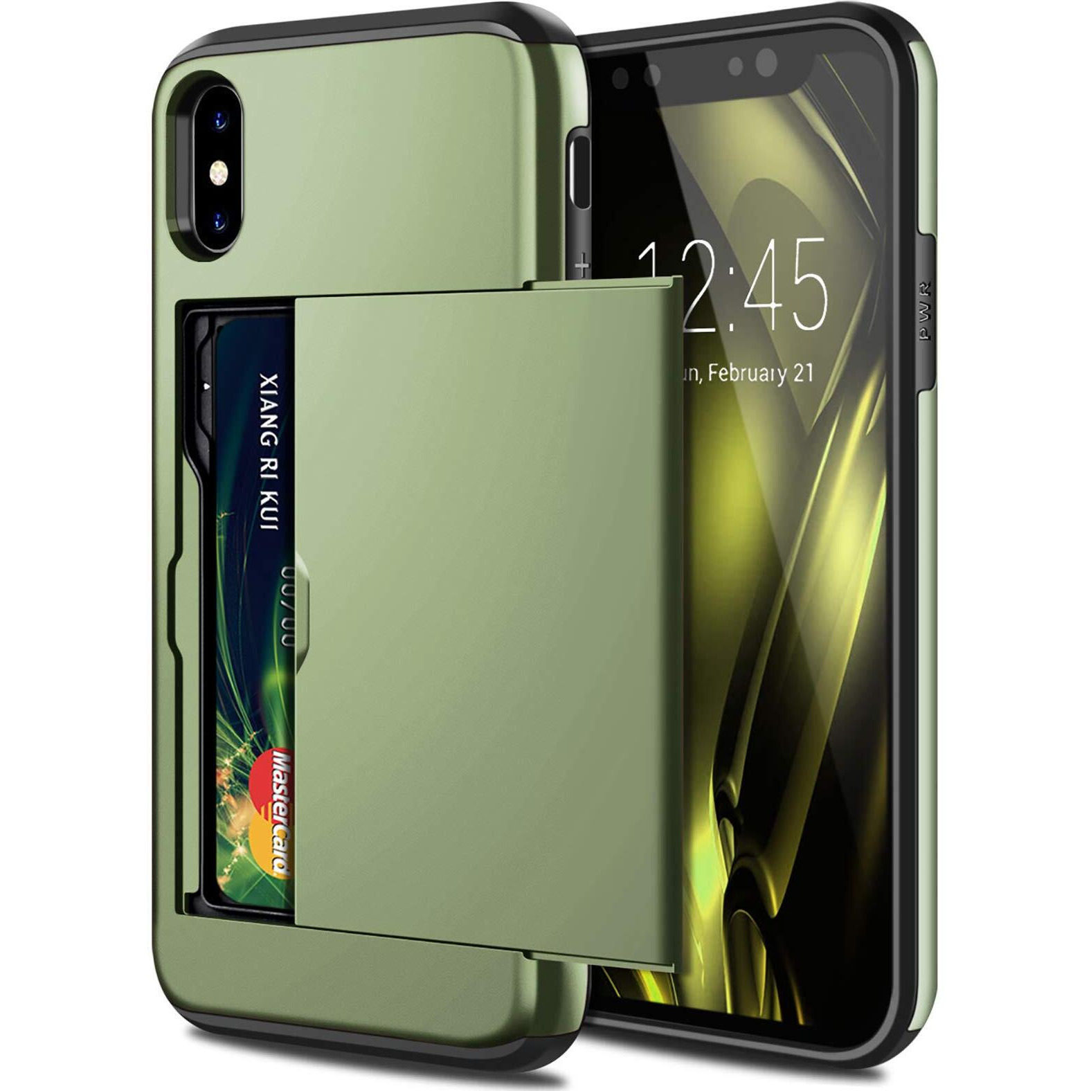 Samonpow For Iphone X/Xs Case Wallet Card Holder For Iphone 10 Case Wallet Card Holder Heavy Duty Shockproof Bumper Phone Case Cover For Iphone X Xs 10 5.8 Inch Olive
