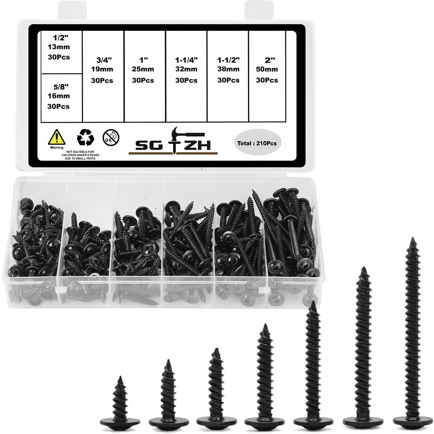 8 Screws Assortment Set 210Pcs Alloy Steel Standard Thread Truss Head Fast Self Tapping Wood Screw Black Oxide By Sg Tzh